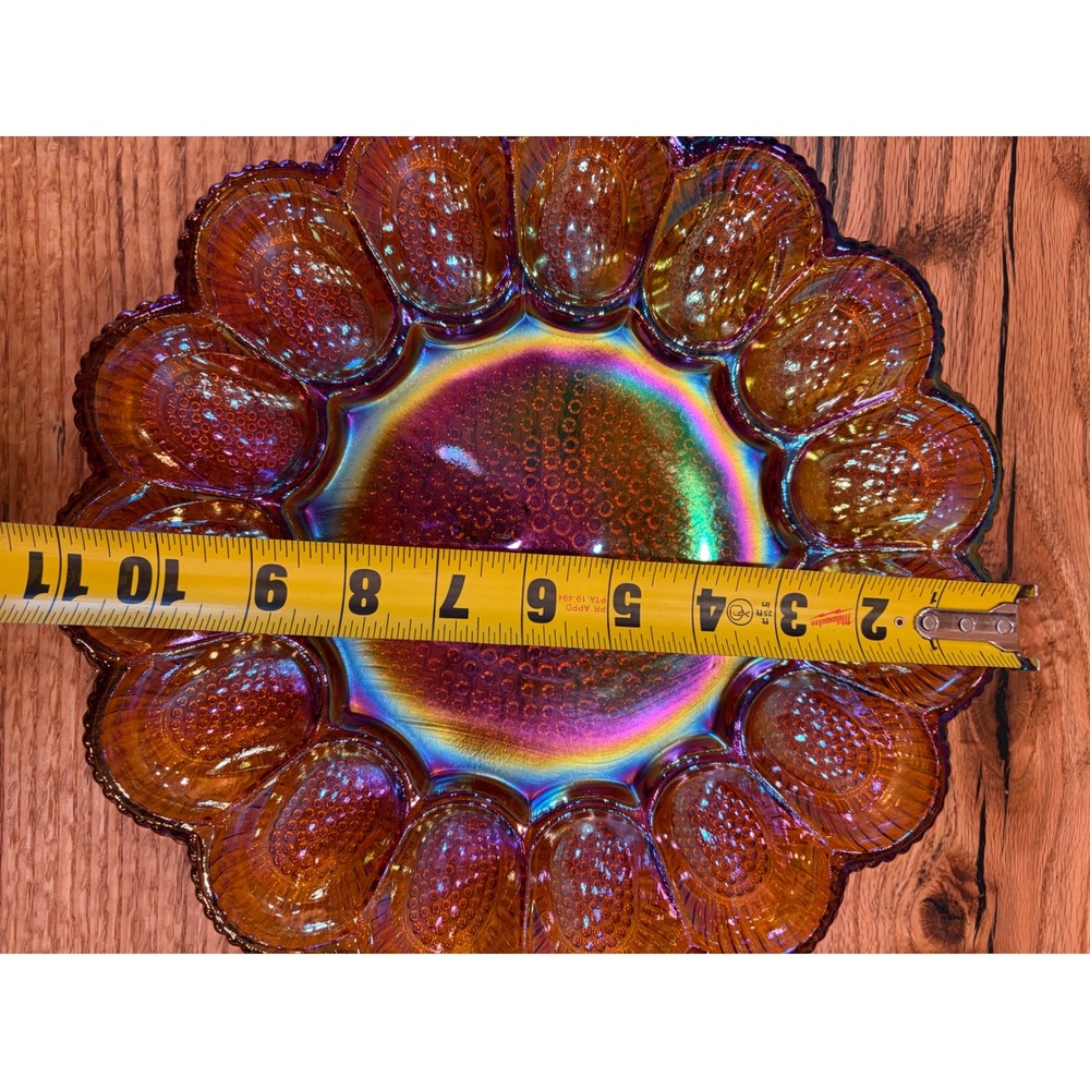 Vintage Indiana Glass amber iridescent carnival glass Hobnail egg plate 11" - Picture 8 of 10